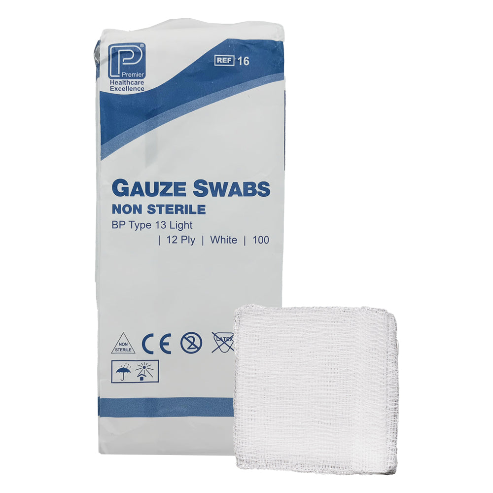 Premier Cotton Non-Sterile Gauze Swabs | 12ply | Various Sizes | Pack of 100