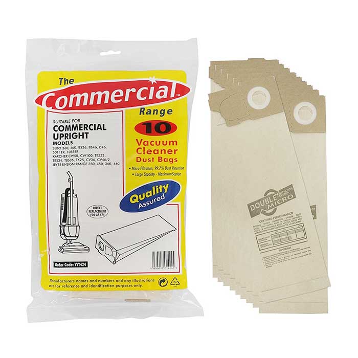 Outer pack of 'The Commercial Range' of hoover bags with the inner contents next to it.