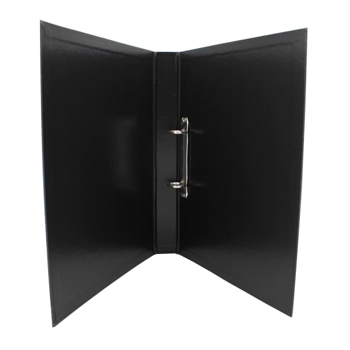 Inside of a black 2 ring binder folder.