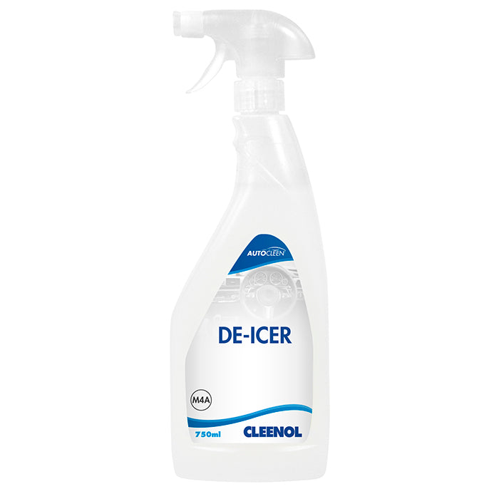 White 750ml trigger spray bottle with clear liquid and product label. Product label text 'AUTOCLEEN DE-ICER, M4A, 750ml CLEENOL'.