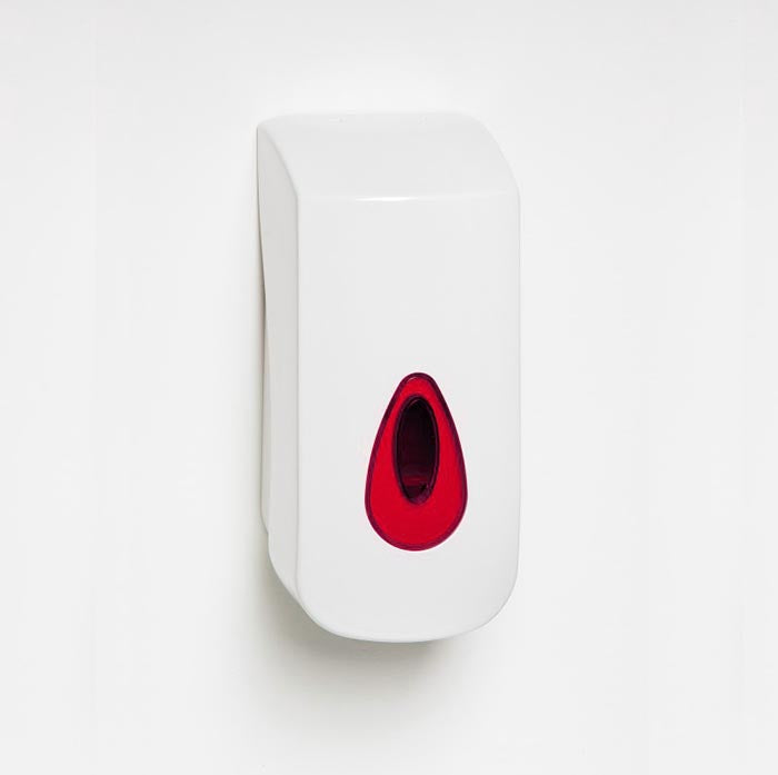 White soap dispenser with a red teardrop window.