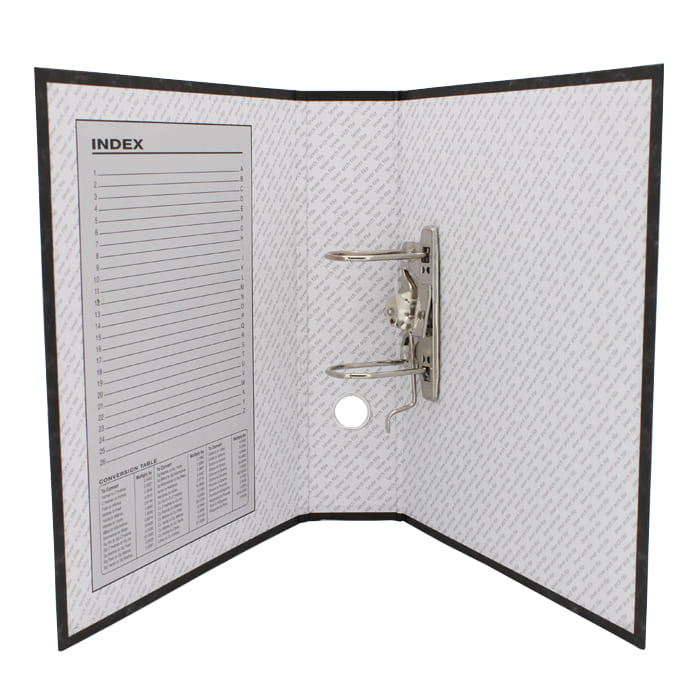 Inside of lever arch file with an index.