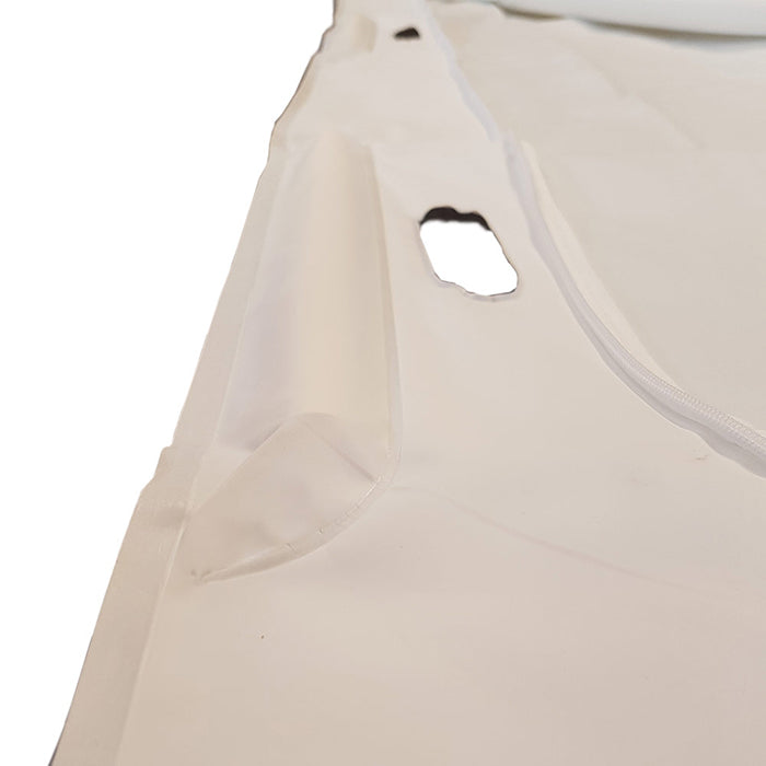 close up image of the white peva u zip body bag handle