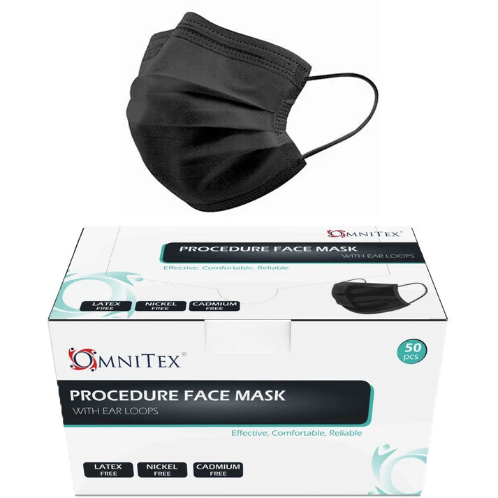 Omnitex IIR Face Masks with Loops | Black | 3Ply | Box of 50