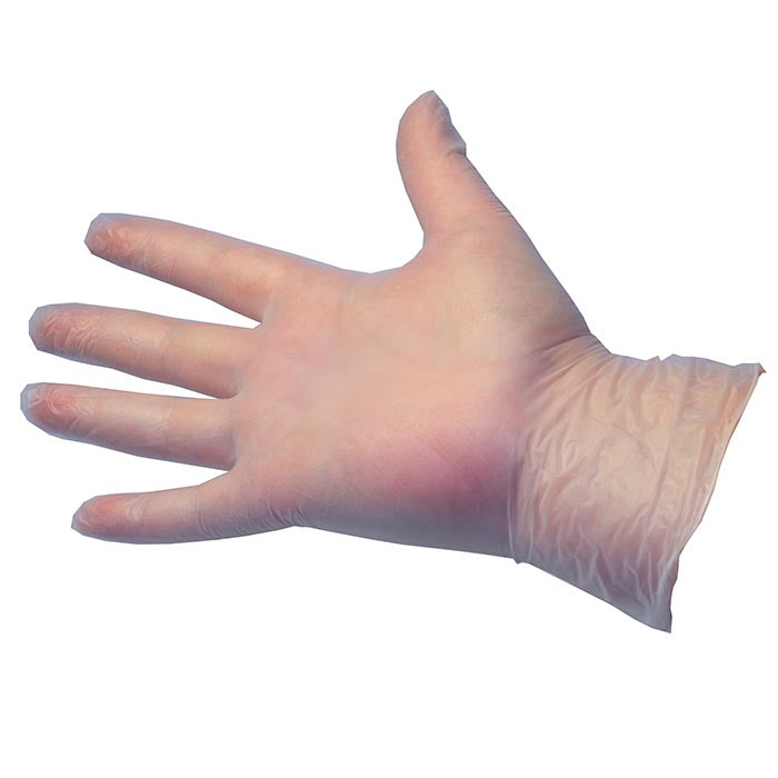 Open hand wearing a clear vinyl glove.