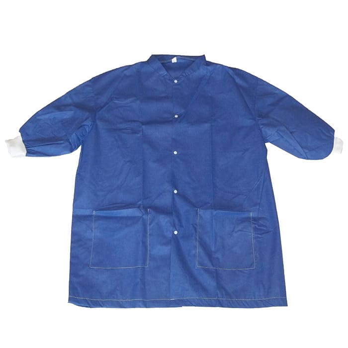 Elbow-length blue scrubs warming jacket.