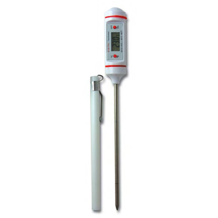 White plastic thermometer with white plastic sheath and stainless steel probe.