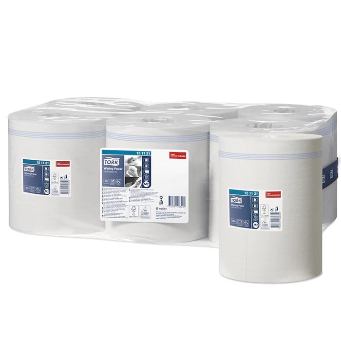 A pack of tork wiping paper with an individual roll unpackaged.