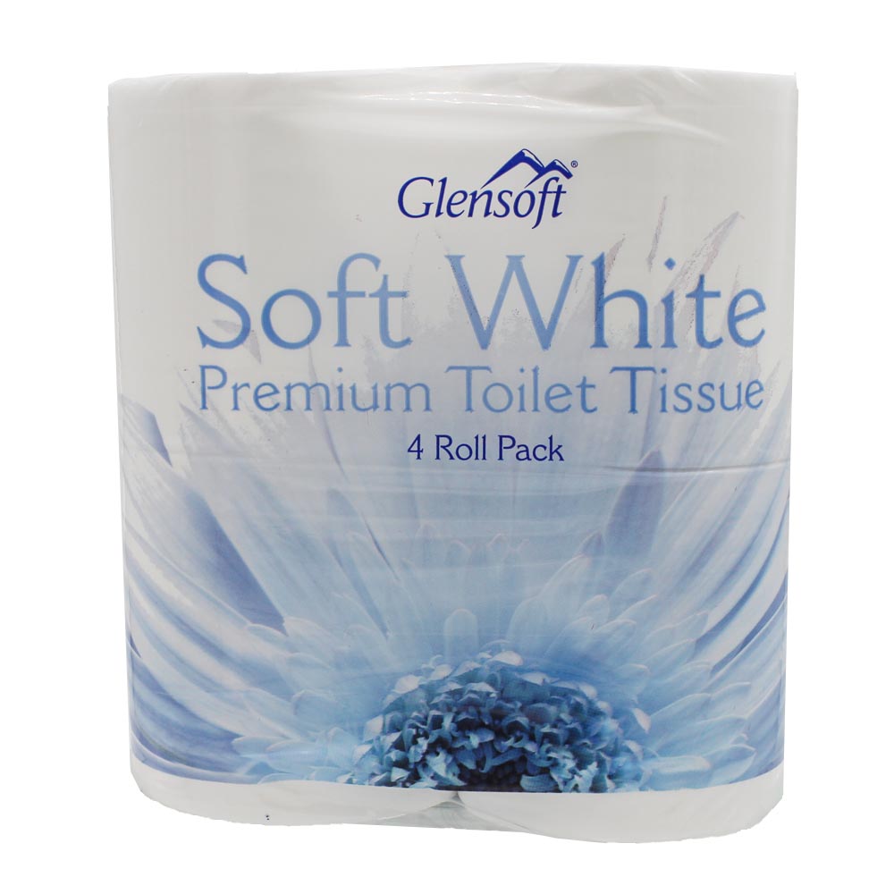 Outer pack of Glensoft Soft White Premium Toilet Tissue.