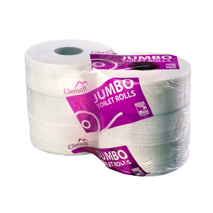 6 pack of jumbo toilets rolls in clear packaging with a purple product label.