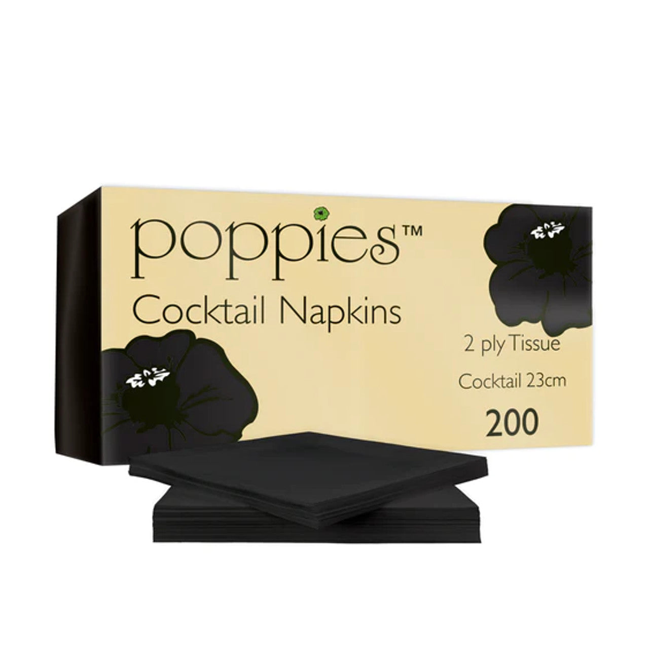 Poppies Black 2Ply Cocktail Napkins | 23cm x 23cm | Case of 4000