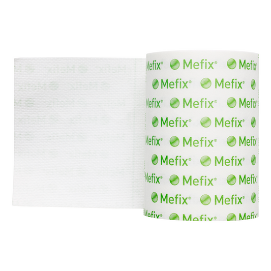 White bandage roll with green 'Mefix' branding on a white background