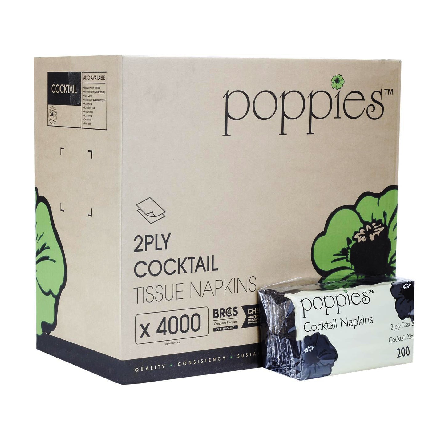 Poppies Black 2Ply Cocktail Napkins | 23cm x 23cm | Case of 4000
