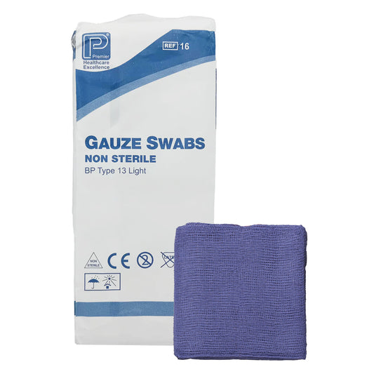Premier Cotton Gauze Swabs | Non Sterile | 10cm x 10cm | 12ply | Blue | Pack of 100