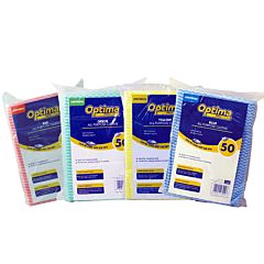 multiple coloured cloths in clear plastic packaging with blue optima label