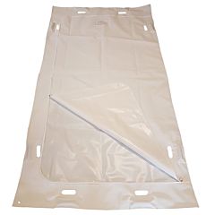 full length image of the white peva u zip body bag with zip half open