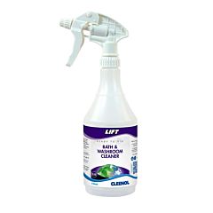 Clear bottle with a white trigger spray and product label for 'Lift Bath & Washroom Cleaner'.