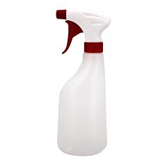 Clear trigger spray bottle with white and red trigger spray. 