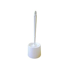 A white toilet brush in the holder. 