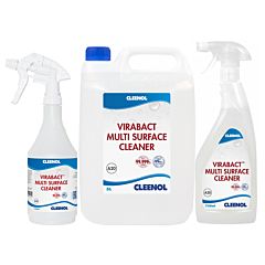 Clear 750ml & 5Ltr bottle with clear liquid and white and blue product label. Label reads 'CLEENOL VIRABACT MULTI SURFACE CLEANER A20 750ML CLEENOL'.