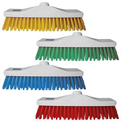 4 white brooms in different colours, including yellow, green, blue and red. 