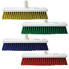 4 white brooms with different colour bristles including yellow, green, blue and red. 