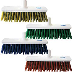 4 white brooms in different colours including yellow, green, blue and red. 