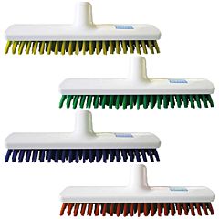 4 white brooms in different colours including yellow, green, blue and red. 