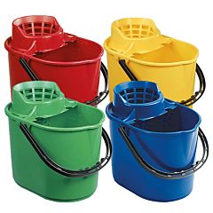 4 mop buckets in red, yellow, green, and blue. 