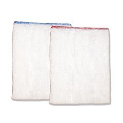 2 White dishcloths with blue/red edging. 