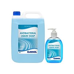 A large and small container of senses antibacterial liquid soap. 
