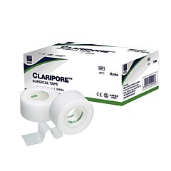 image of white claripore surgical tape with claripore branded box in the background