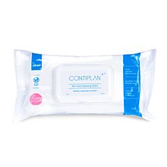 Image of white and blue Contiplan branded packaging for All in One Cleansing Cloths