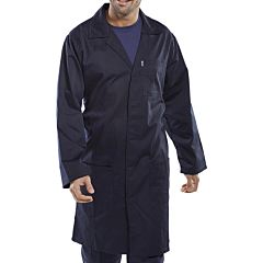 A man wearing a navy blue warehouse coat