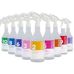 7 white refill flasks with trigger spray, all with different coloured labels for different cleaning needs
