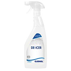 White 750ml trigger spray bottle with clear liquid and product label. Product label text 'AUTOCLEEN DE-ICER, M4A, 750ml CLEENOL'.