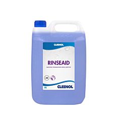 Clear 5 litre container with blue lid, blue liquid and product label. Product label reads ' Cleenol Rinseaid'
