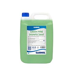 Clear 5-litre container with blue lid and green liquid. Product label in blue and white which reads 'Cleenol Green pine disinfectant'.