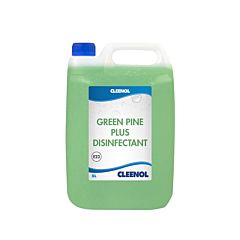 Clear 5-litre container with blue lid, green liquid and product label. The product label is blue and white and reads 'Cleenol Green Pine Plus Disinfectant'.