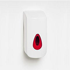 White soap dispenser with a red teardrop window. 