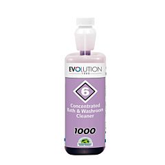 1ltr white bottle with a purple label. Text 'Evolution 1000, 6, Concentrated Bath & Washroom Cleaner.'