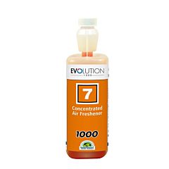 1ltr white bottle with an orange label. Text 'Evolution 1000, 7, Concentrated Air Freshener.'