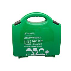 Green boxed first aid kit with black latches. Text reads 'EurekaPlast, Small Workplace, First Aid Kit, BS8599-1 Compliant'