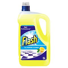 A clear 5-litre container with a blue lid, containing yellow liquid and a product label. The product label reads 'P&G Professional Flash All-Purpose Cleaner Lemon'.