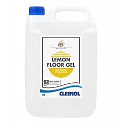 A White 5 litre container with a blue lid and product label. The product label is white with a black and yellow design, with text that reads 'Lemon Floor Gel Multi Surface Detergent Gel.'