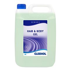 A clear 5-litre container containing Senses hair and body gel. 