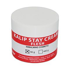 White container with a red stripe product label. The label reads 'Kalip Stay Cream Flesh, Embalming Cosmetic'.