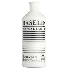 White 500ml plastic bottle with black horizontal labelling. Test reads 'Baselin Massage Milk, Chemodis'.