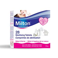Box of 28 Milton Sterilising Tablets, the box includes an image of mother and child, blue and pink detailing and text that reads 'Trusted by parents for 70 years, 28 Sterilising Tablets'.