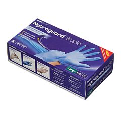 Bluple box of nitrile gloves, with an image of gloved hands. 